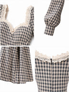 Vintage Gingham Lace Sweetheart‑Neck A‑Line Midi Dress