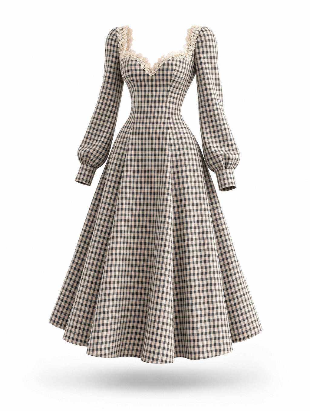 Vintage Gingham Lace Sweetheart‑Neck A‑Line Midi Dress