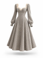 Vintage Gingham Lace Sweetheart‑Neck A‑Line Midi Dress