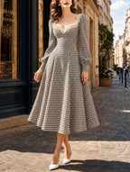 Vintage Gingham Lace Sweetheart‑Neck A‑Line Midi Dress
