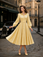 Elegant French Vintage Yellow Wrap-Waist Shirt Midi Dress