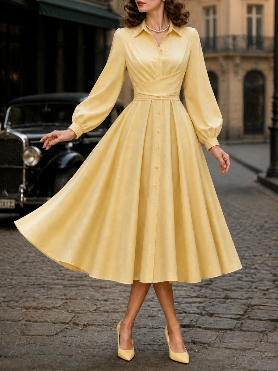 Elegant French Vintage Yellow Wrap-Waist Shirt Midi Dress