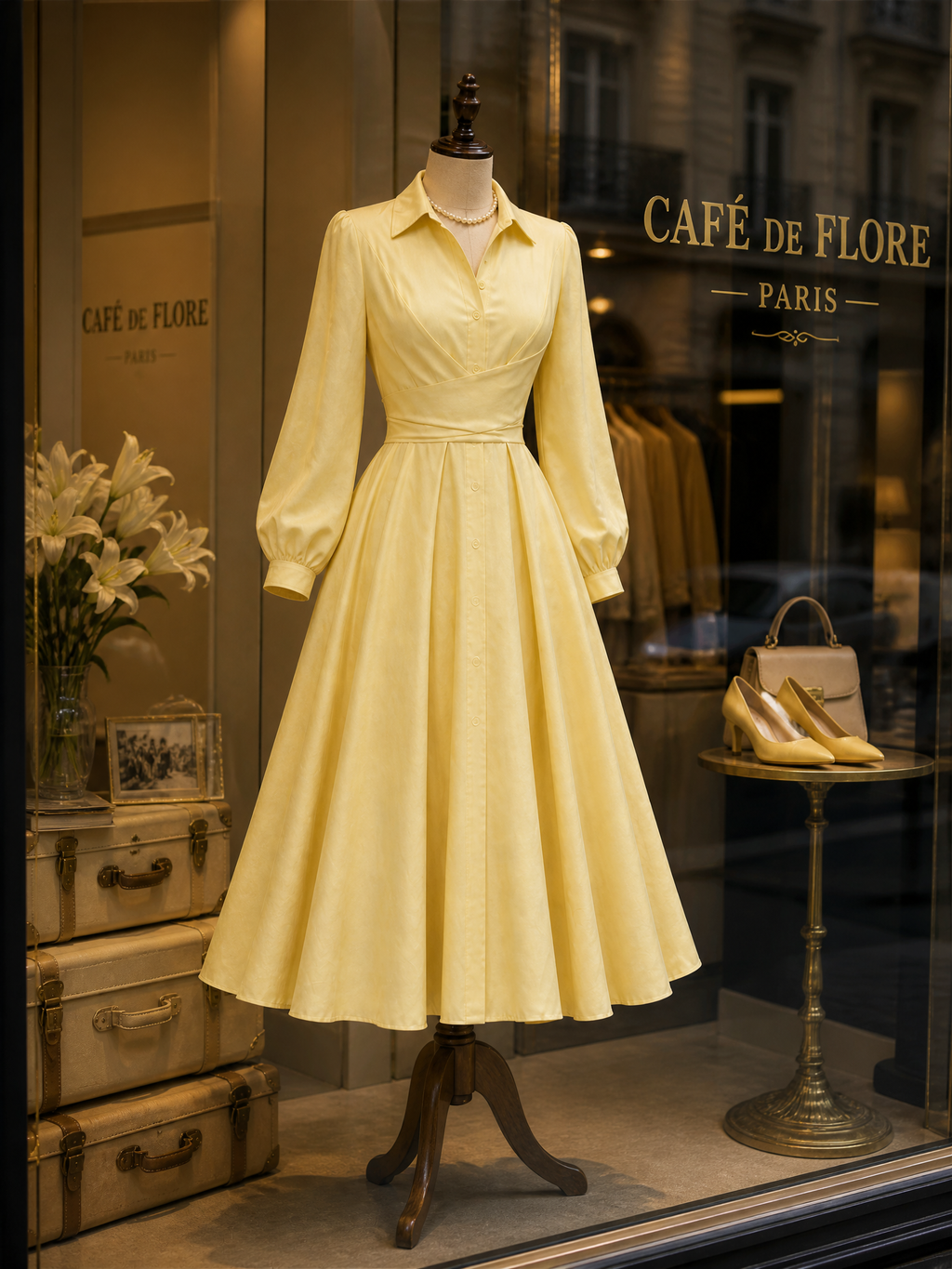 Elegant French Vintage Yellow Wrap-Waist Shirt Midi Dress