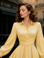 Elegant French Vintage Yellow Wrap-Waist Shirt Midi Dress