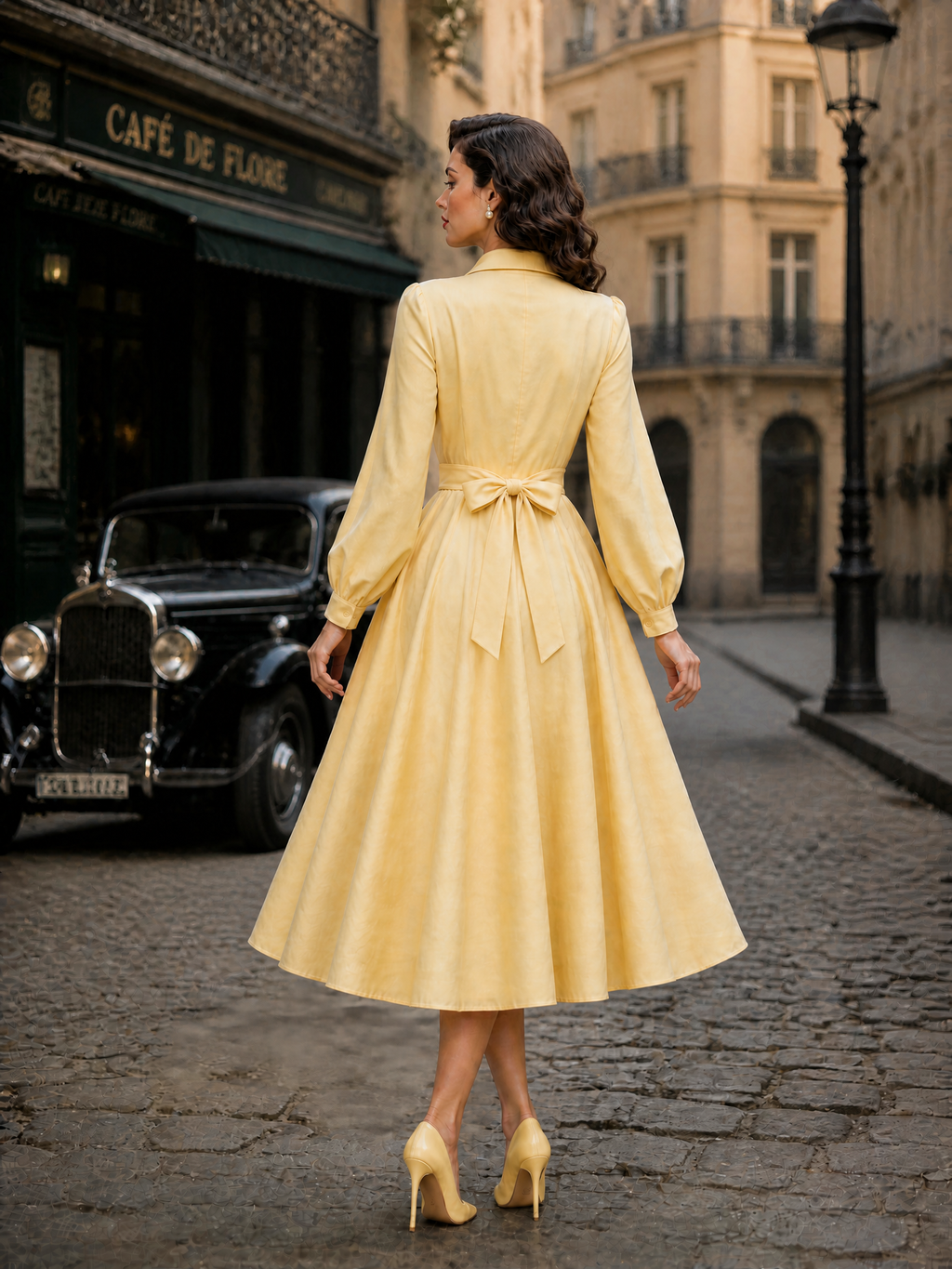Elegant French Vintage Yellow Wrap-Waist Shirt Midi Dress
