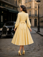Elegant French Vintage Yellow Wrap-Waist Shirt Midi Dress