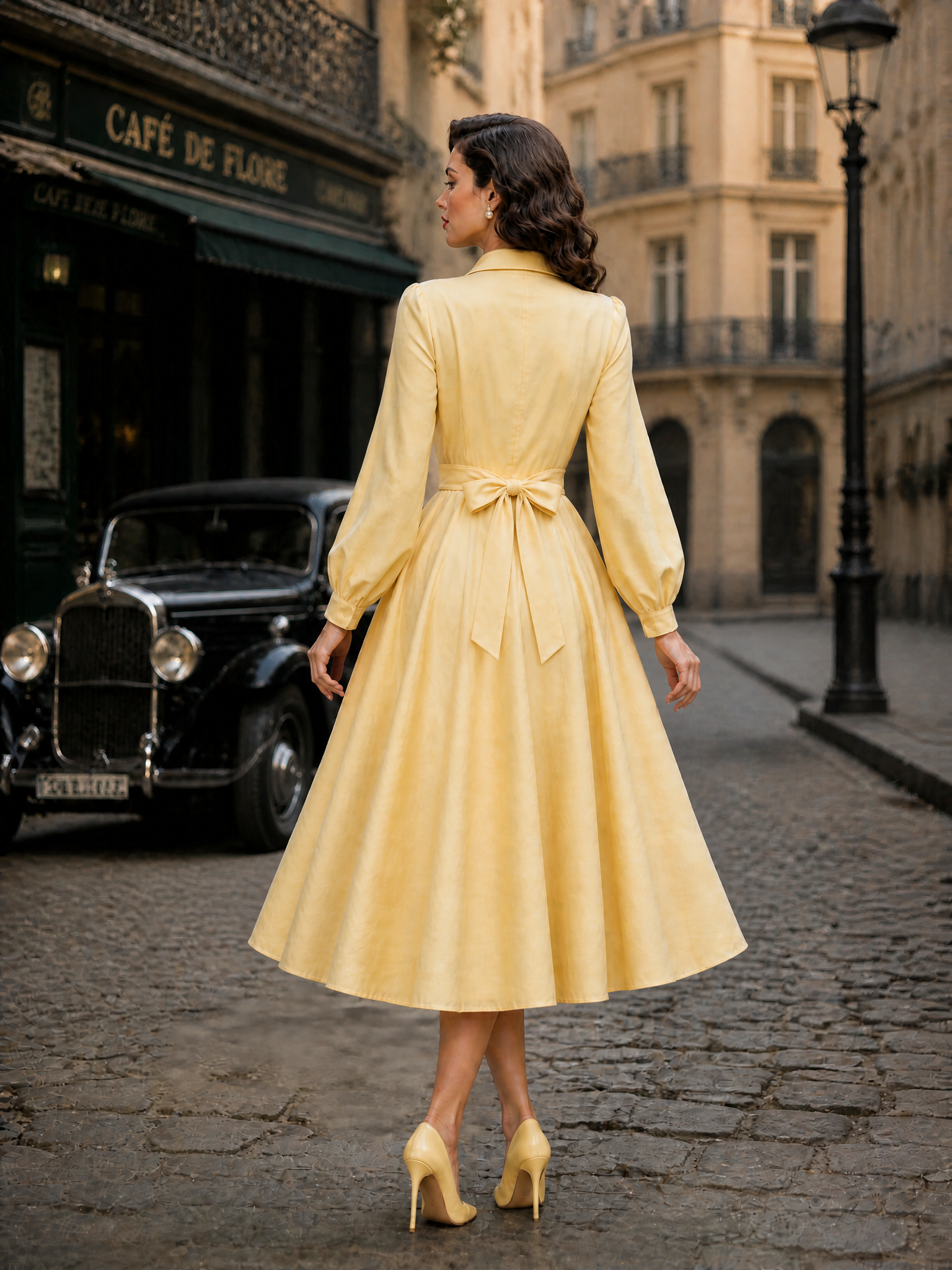 Elegant French Vintage Yellow Wrap-Waist Shirt Midi Dress
