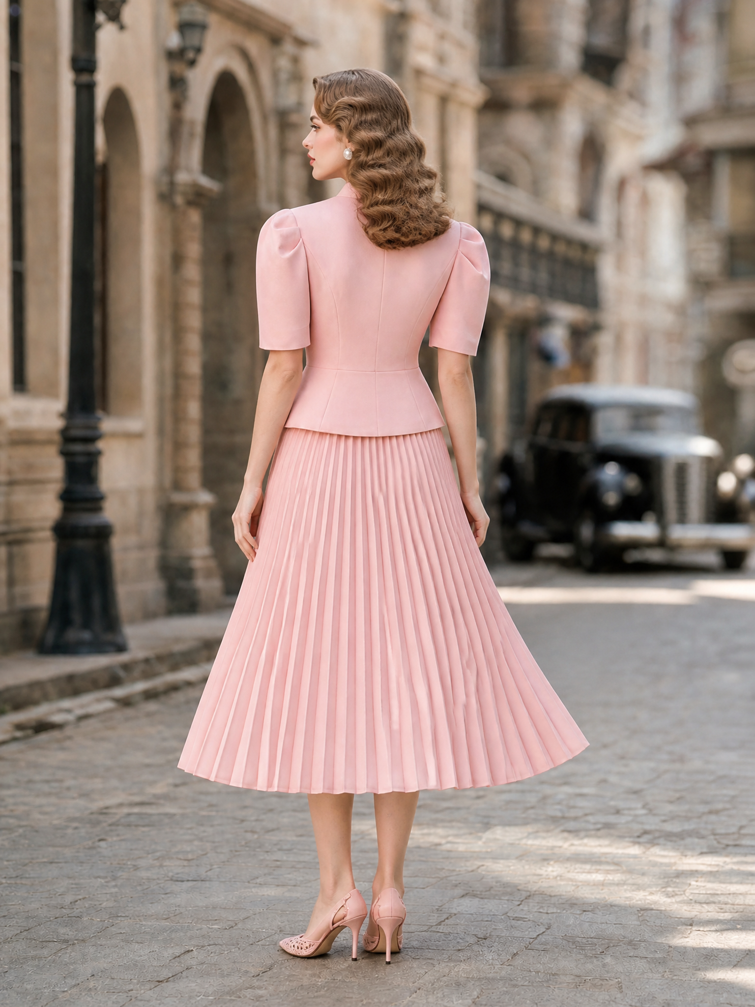 Vintage Blush Pink Peplum Jacket & Midi Skirt Two-Piece Set