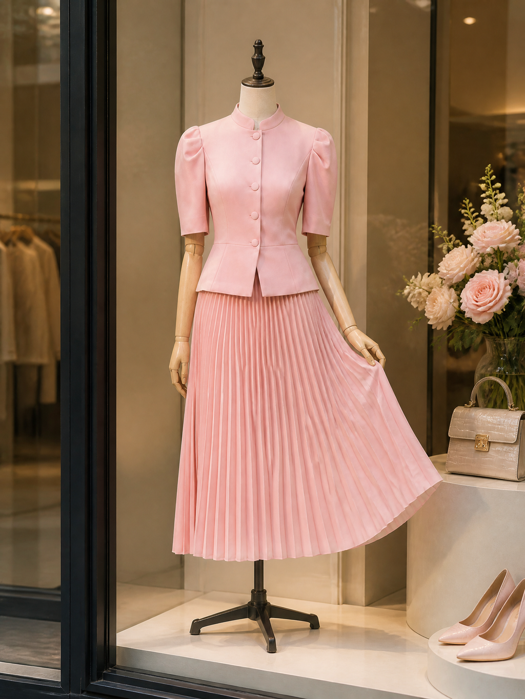 Vintage Blush Pink Peplum Jacket & Midi Skirt Two-Piece Set