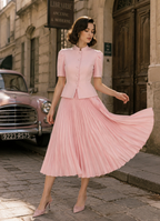 Vintage Blush Pink Peplum Jacket & Midi Skirt Two-Piece Set
