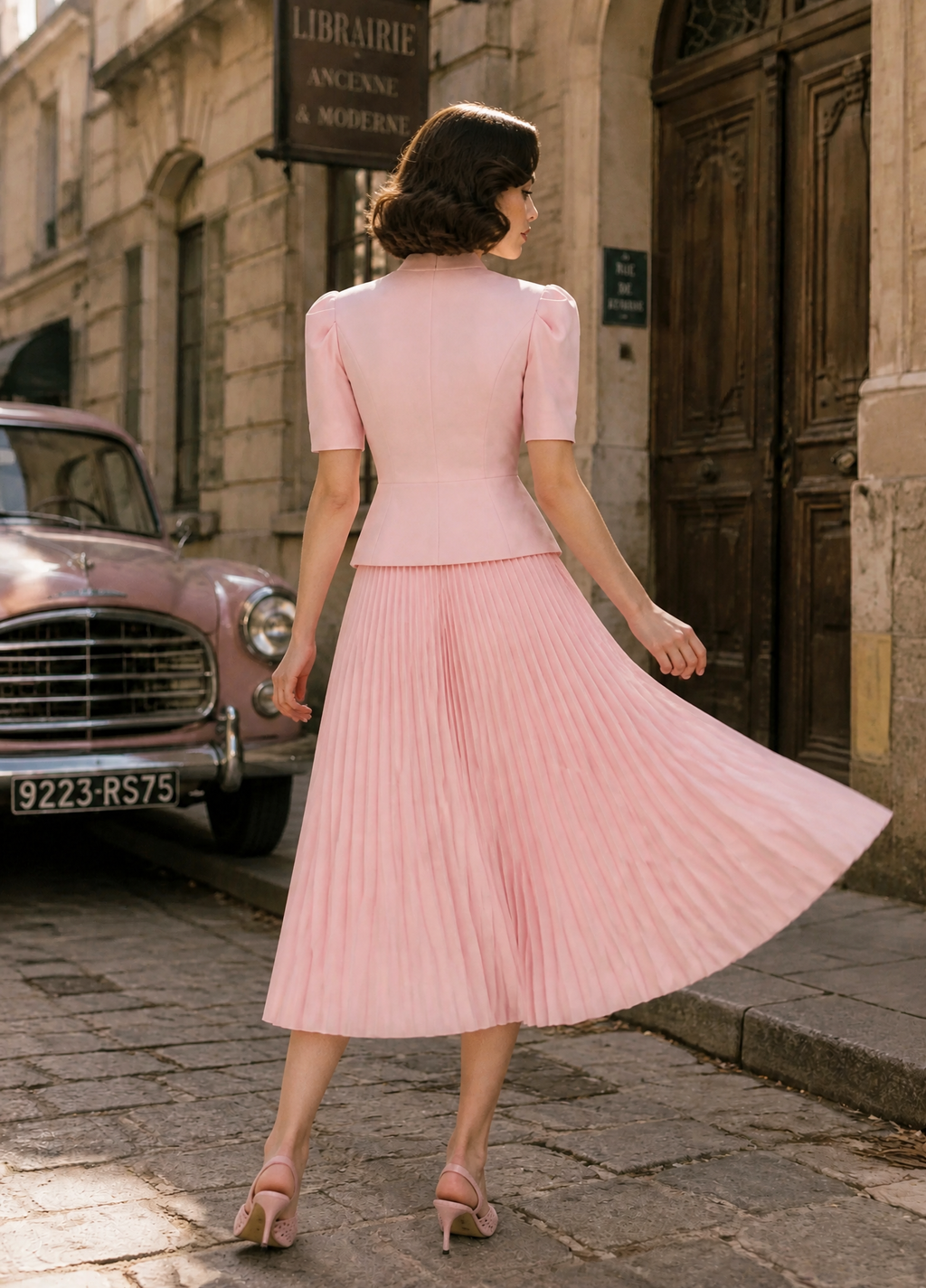 Vintage Blush Pink Peplum Jacket & Midi Skirt Two-Piece Set