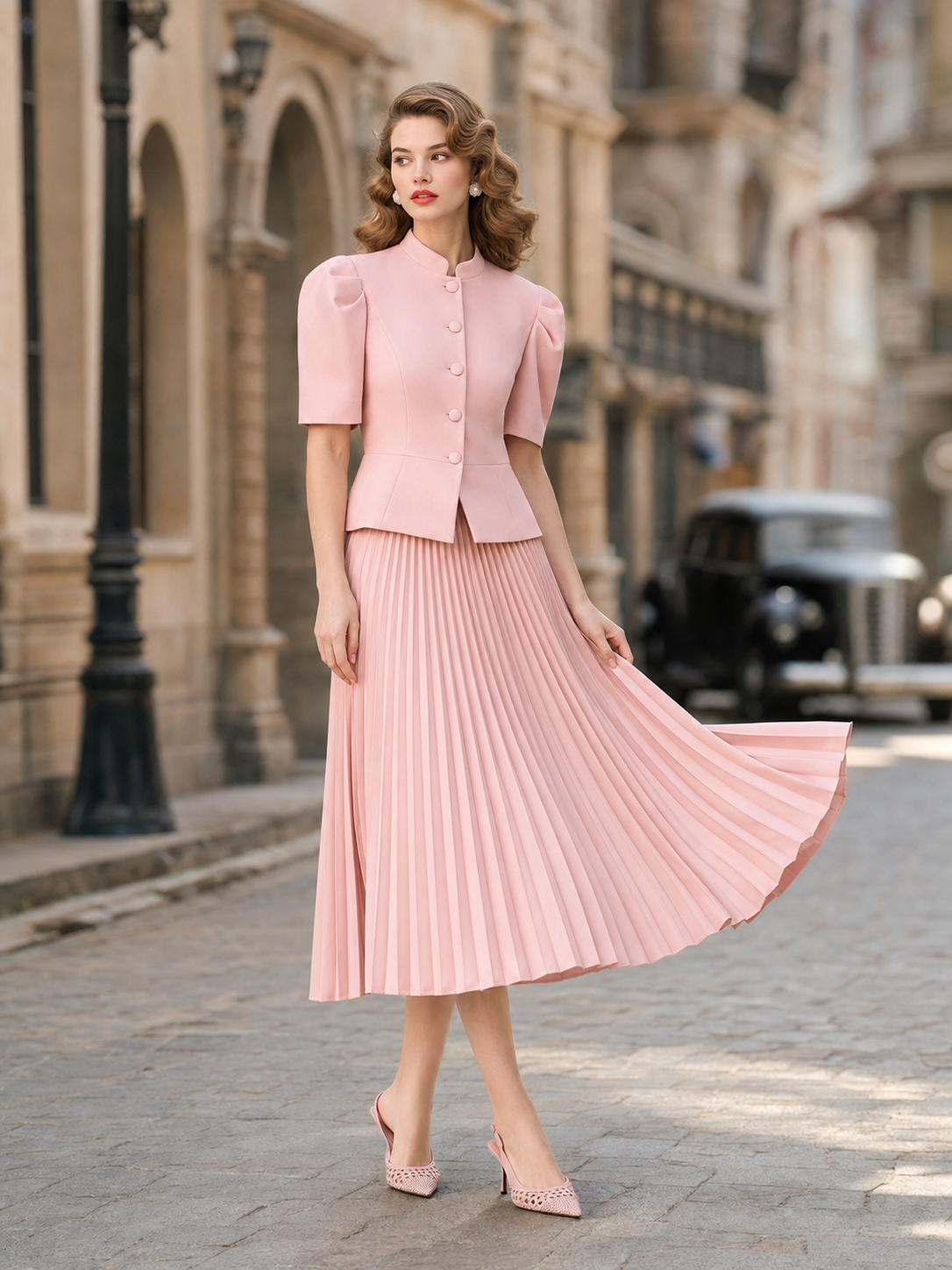 Vintage Blush Pink Peplum Jacket & Midi Skirt Two-Piece Set
