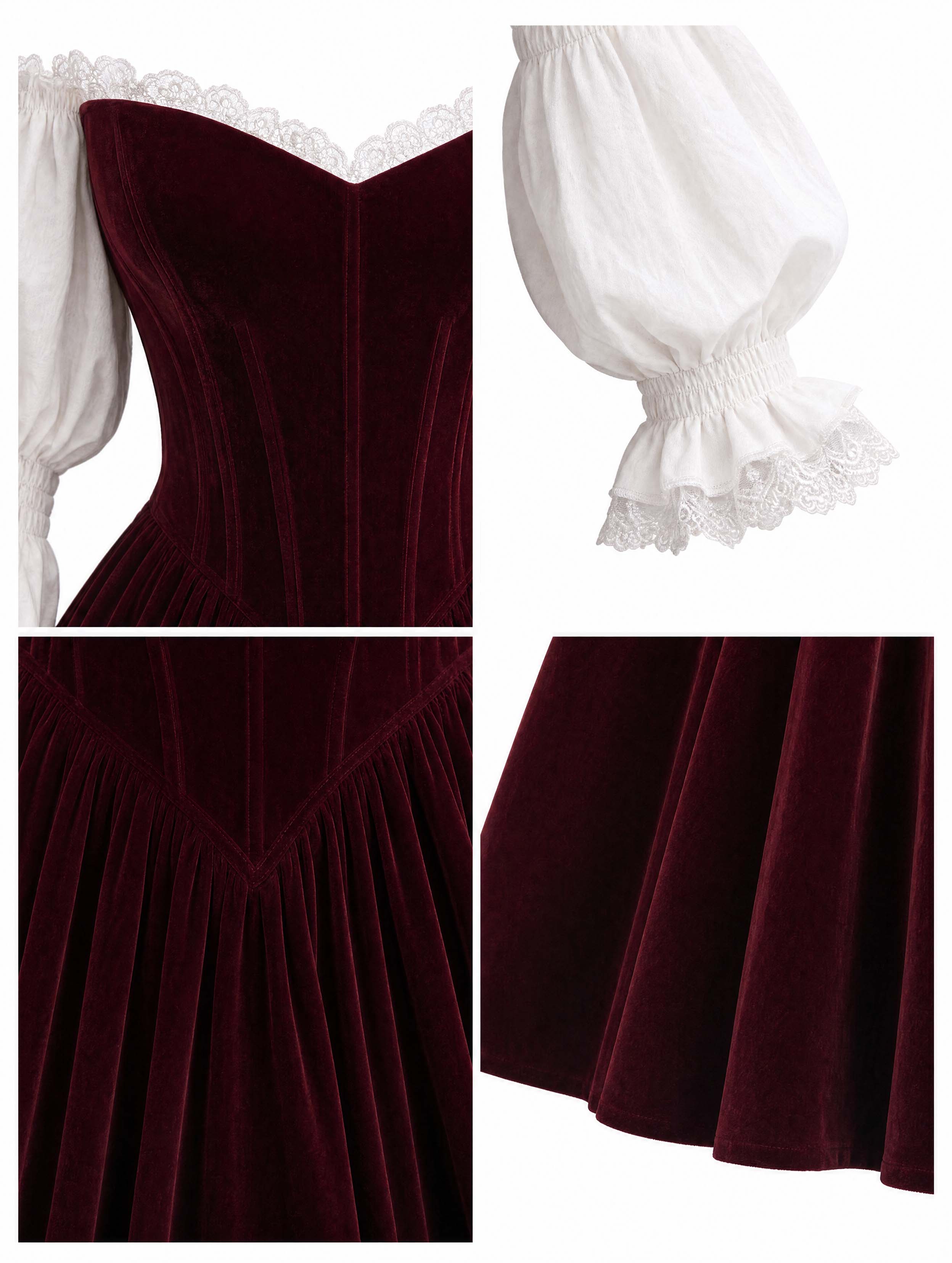 French Lace Puff‑Sleeve Burgundy Velvet Flare Midi Dress