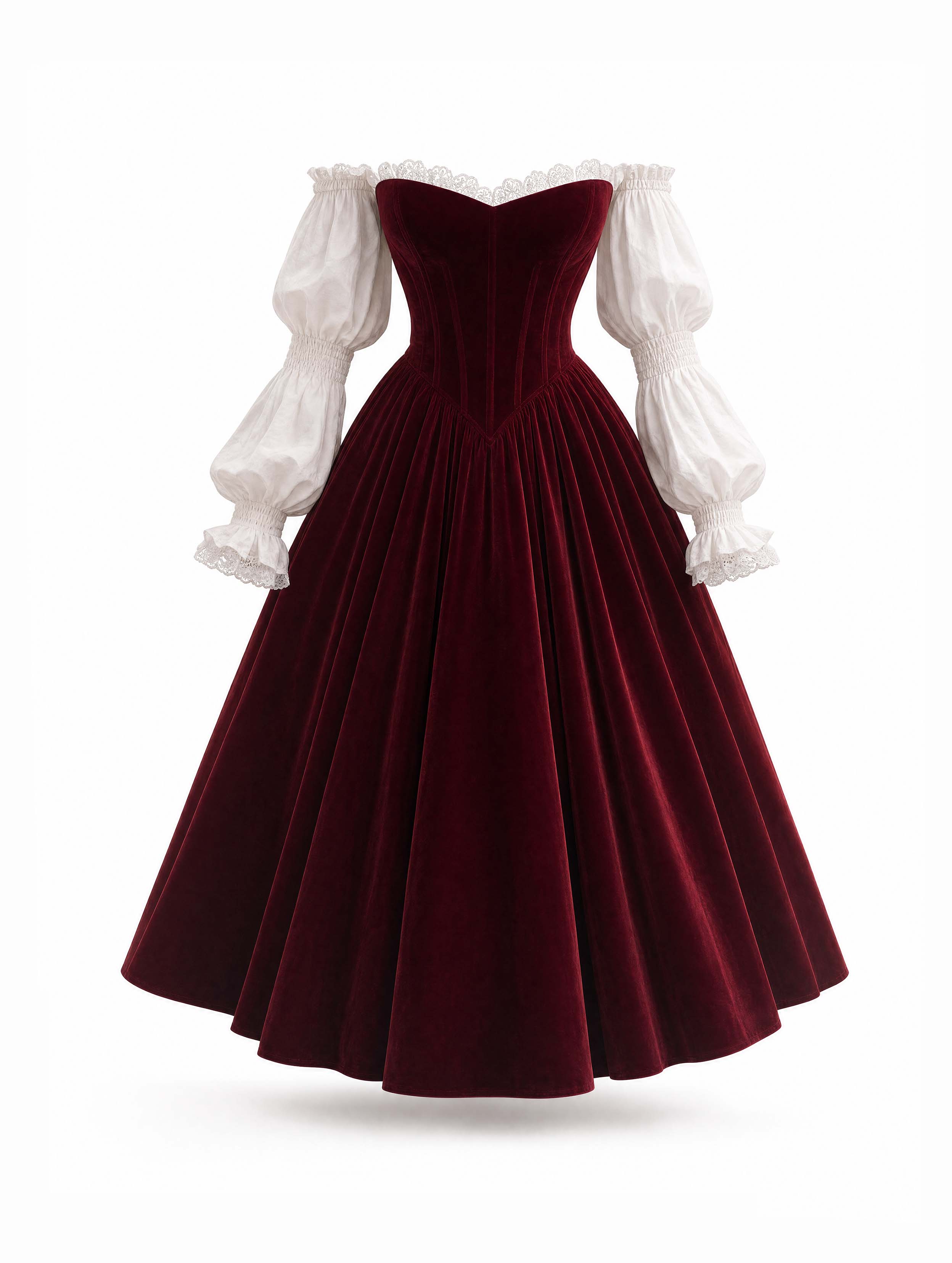 French Lace Puff‑Sleeve Burgundy Velvet Flare Midi Dress