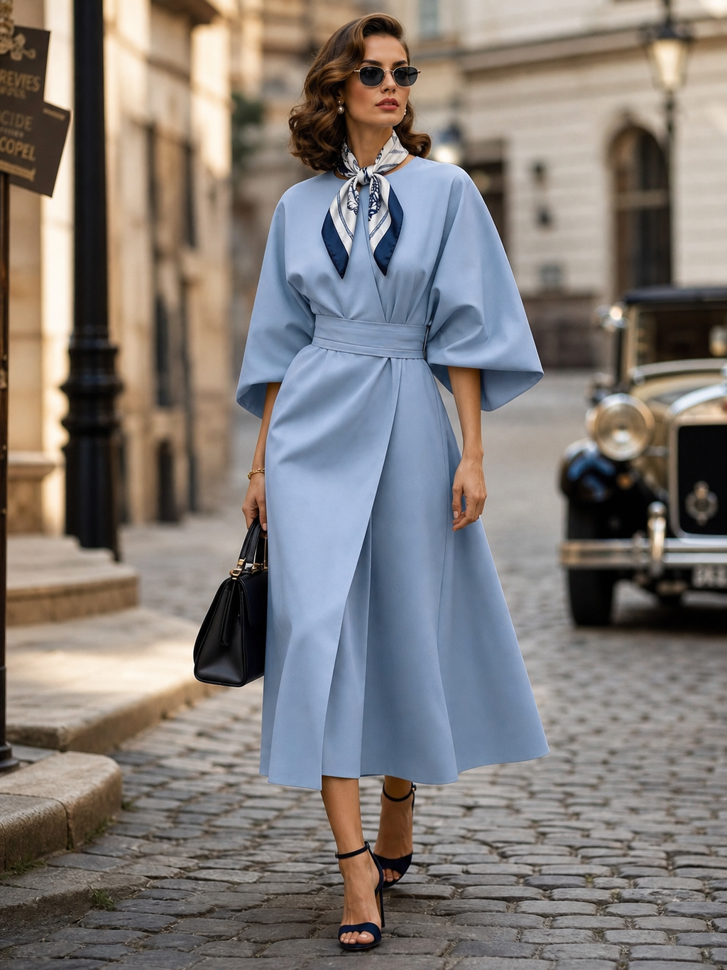 Elegant Sky-Blue Batwing Dolman-Sleeve Midi Dress