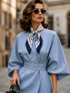 Elegant Sky-Blue Batwing Dolman-Sleeve Midi Dress