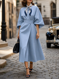 Elegant Sky-Blue Batwing Dolman-Sleeve Midi Dress