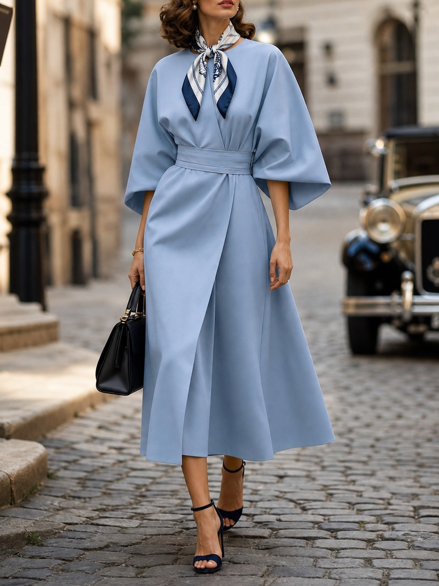 Elegant Sky-Blue Batwing Dolman-Sleeve Midi Dress