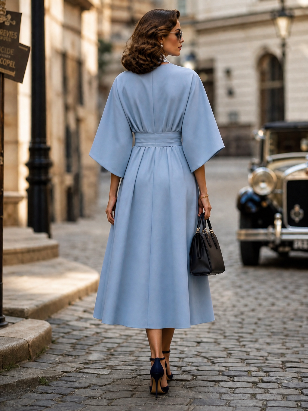 Elegant Sky-Blue Batwing Dolman-Sleeve Midi Dress