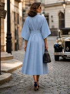 Elegant Sky-Blue Batwing Dolman-Sleeve Midi Dress