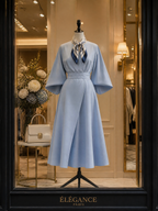 Elegant Sky-Blue Batwing Dolman-Sleeve Midi Dress