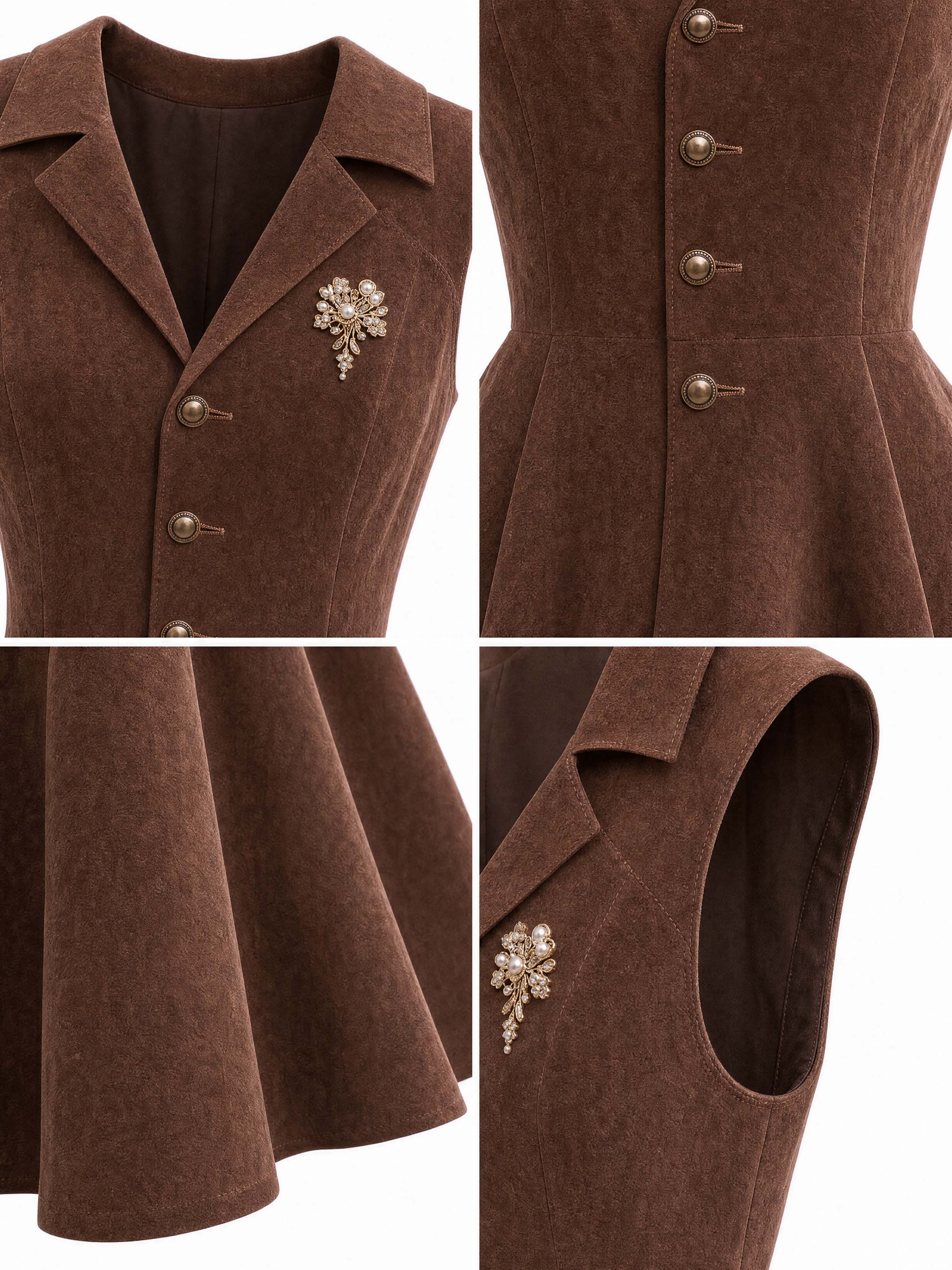 Vintage Notched Lapel Sleeveless Corduroy Swing Midi‑Length Dress