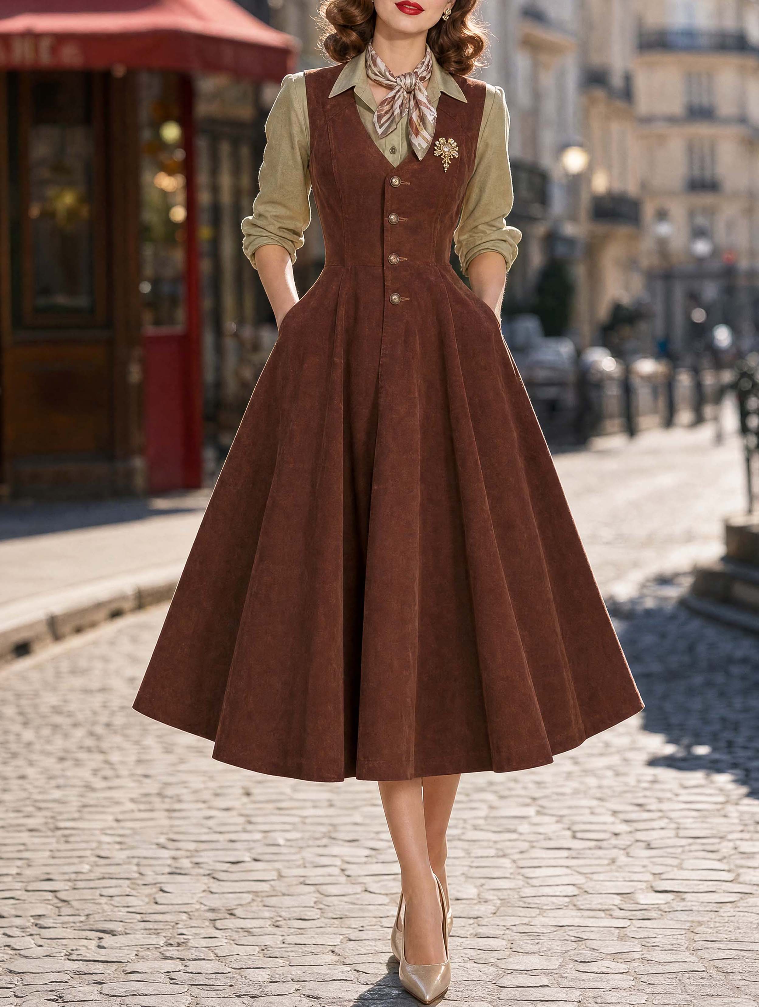 Vintage Notched Lapel Sleeveless Corduroy Swing Midi‑Length Dress