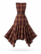 Vintage Tartan Sleeveless Irregular‑Hem Midi Dress