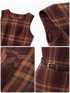 Vintage Tartan Sleeveless Irregular‑Hem Midi Dress