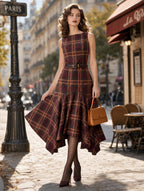 Vintage Tartan Sleeveless Irregular‑Hem Midi Dress