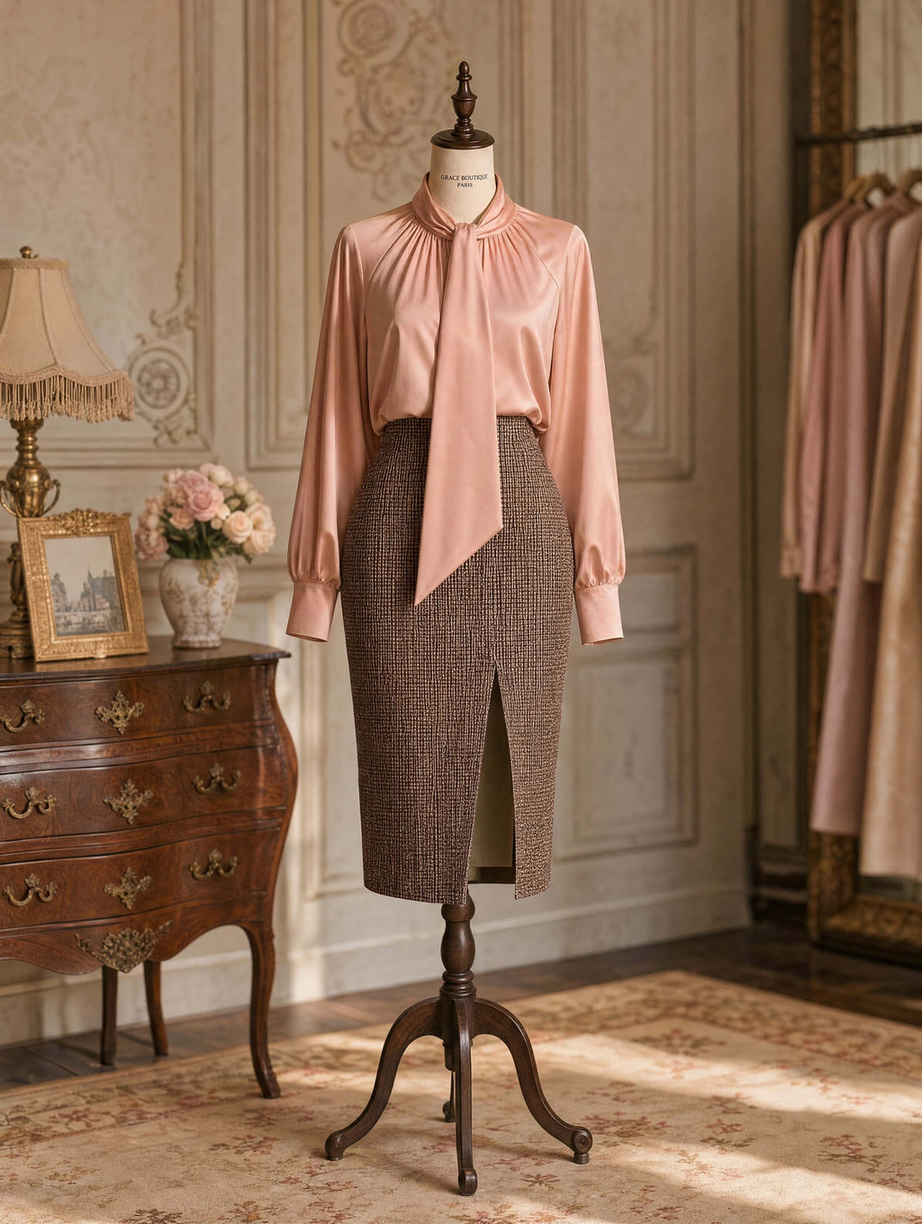 Vintage Satin Bow Tie Neck Work Blouse