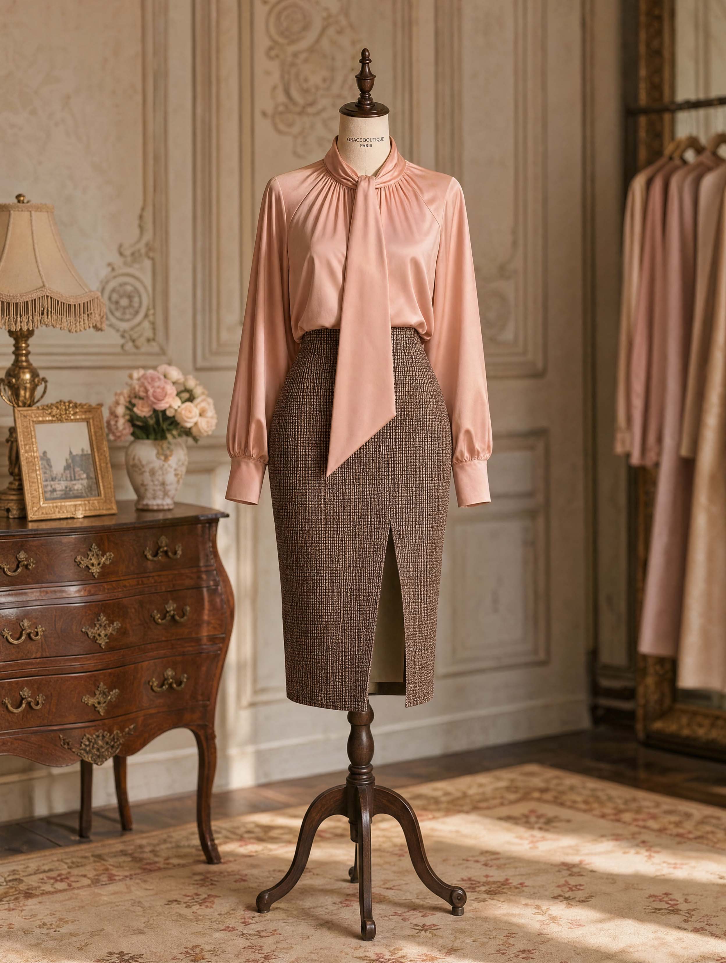 Vintage Satin Bow Tie Neck Work Blouse