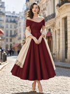 Vintage Matte Satin Swing Formal Evening Midi Dress