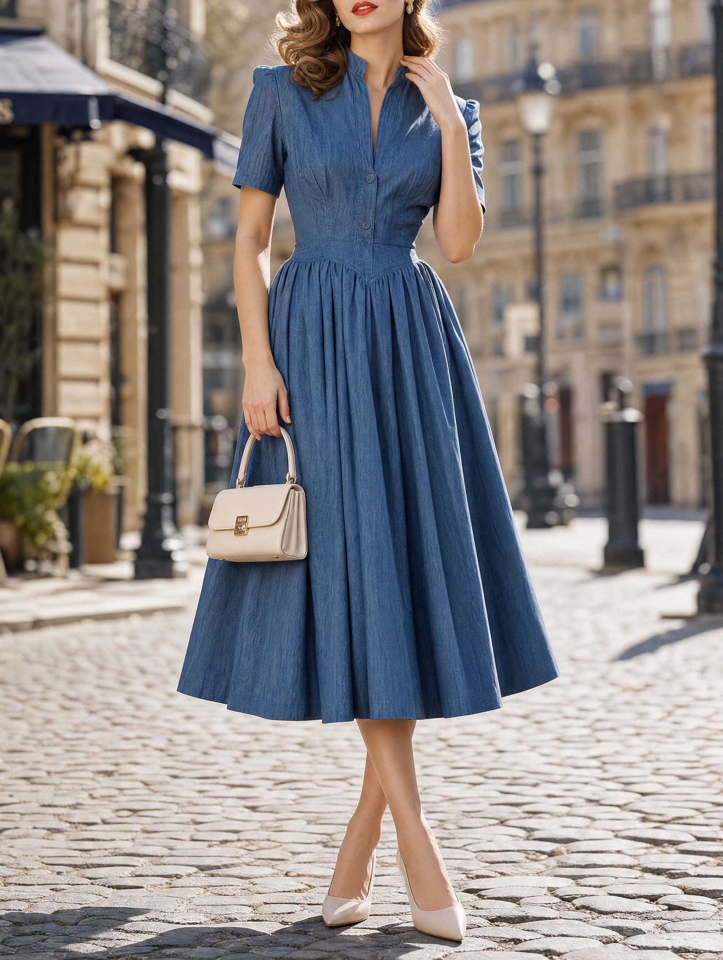 Vintage Stand‑Up Collar Waist‑Fitted Denim Flare Midi Dress