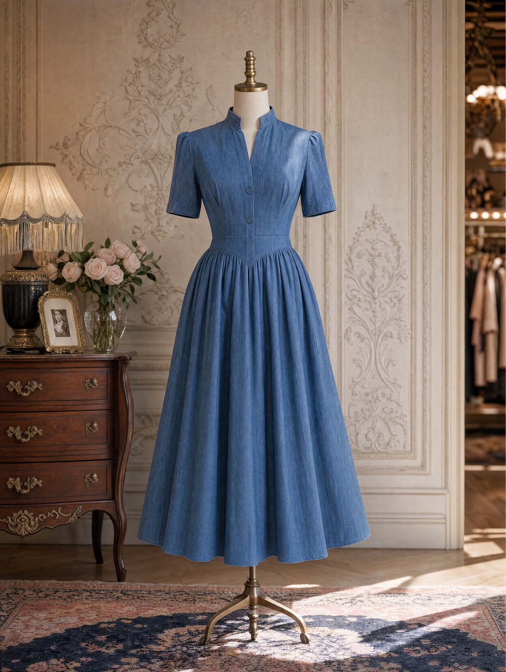 Vintage Stand‑Up Collar Waist‑Fitted Denim Flare Midi Dress