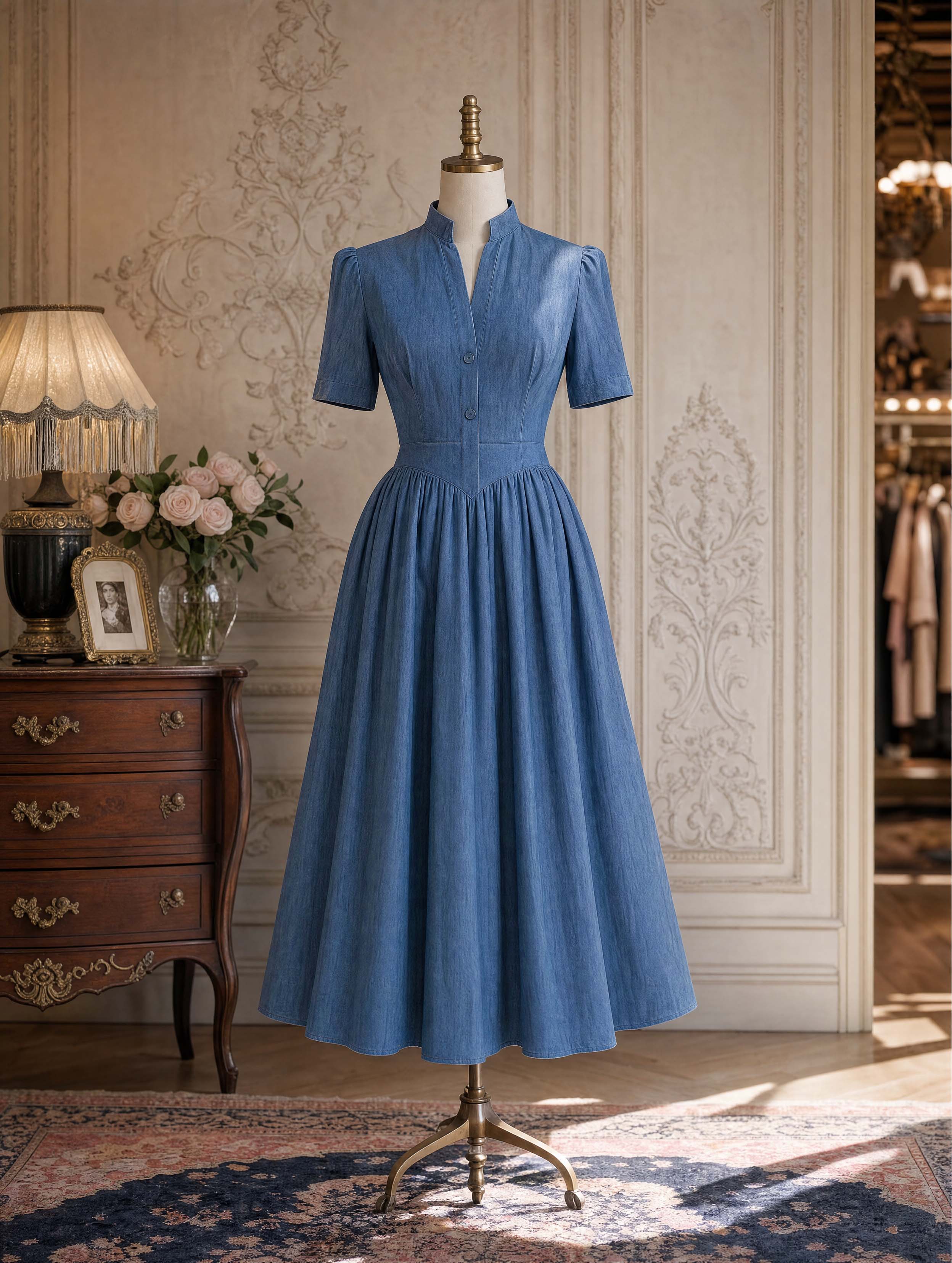 Vintage Stand‑Up Collar Waist‑Fitted Denim Flare Midi Dress