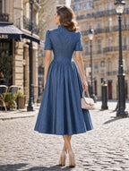 Vintage Stand‑Up Collar Waist‑Fitted Denim Flare Midi Dress