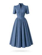 Vintage Stand‑Up Collar Waist‑Fitted Denim Flare Midi Dress
