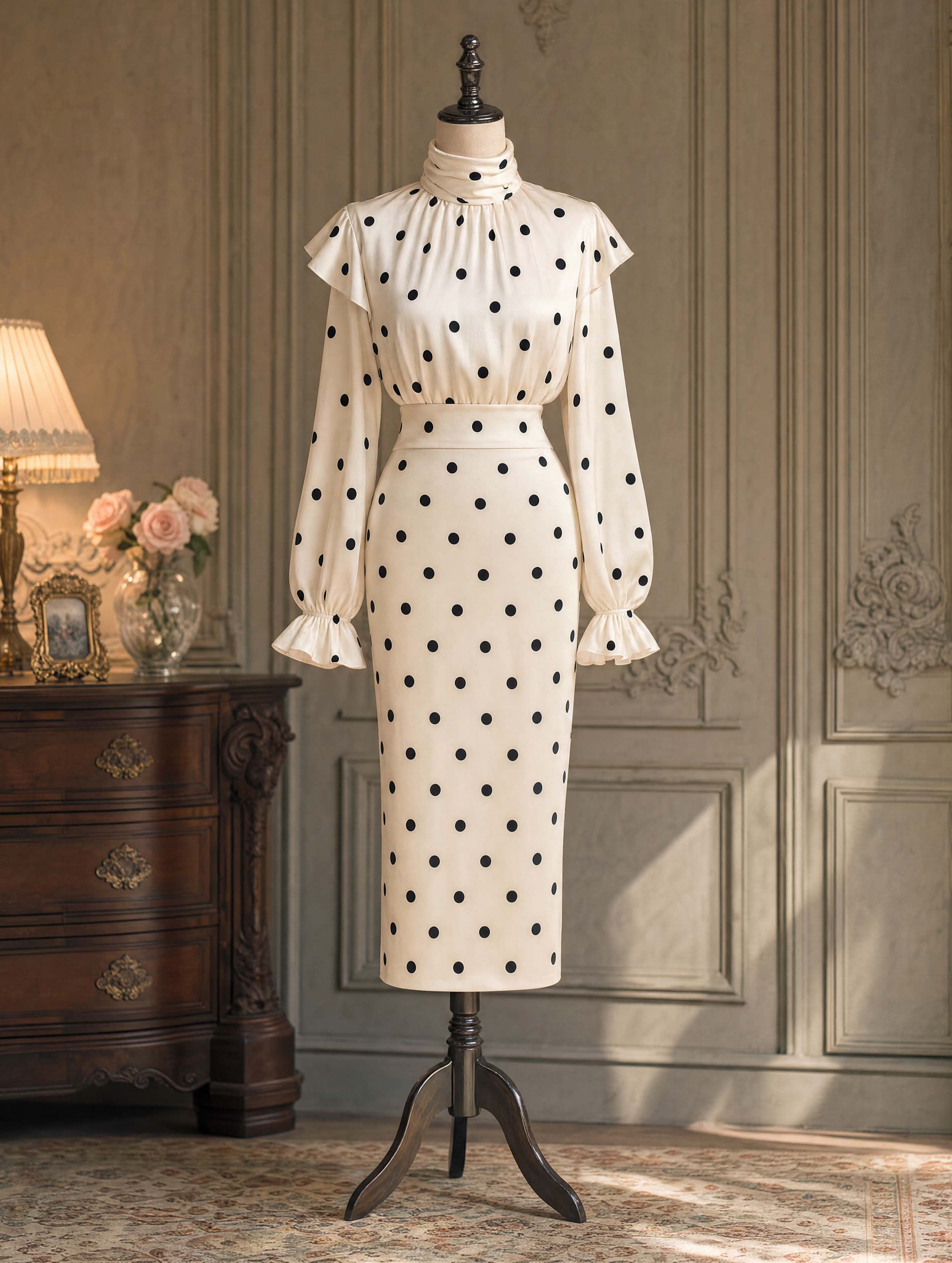 Vintage Polka‑Dot High Waist Bodycon Midi Skirt