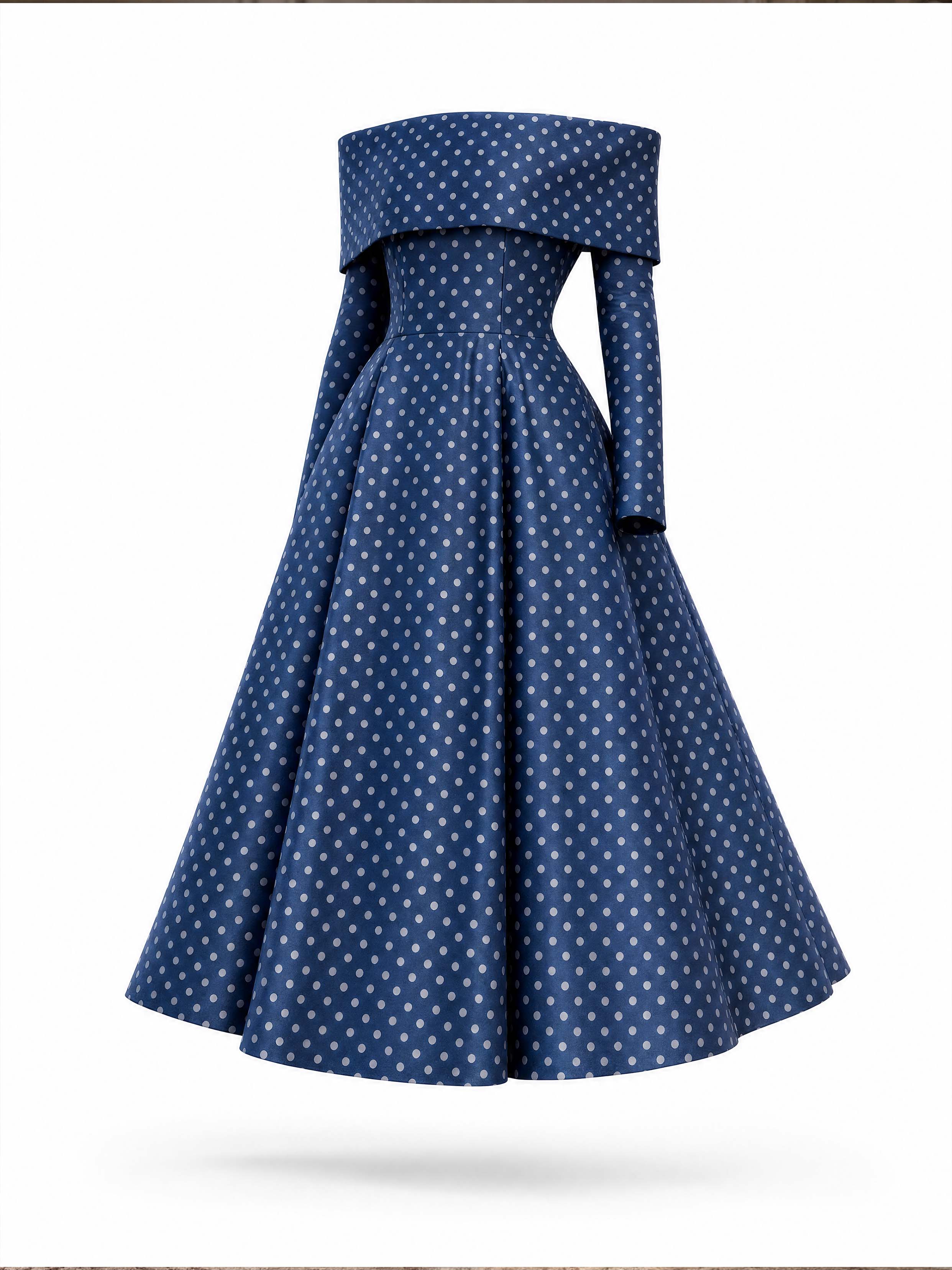 Navy Polka Dot Off‑Shoulder Satin Swing Midi Dress