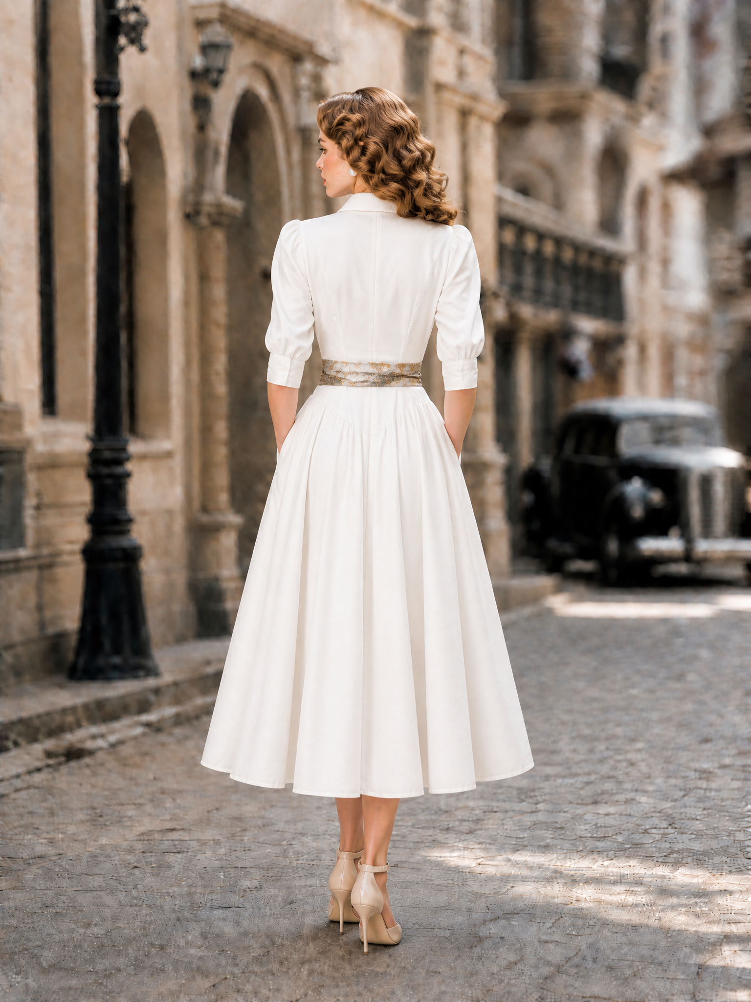 Vintage Puff-Sleeve Button-Front Cotton Midi Dress