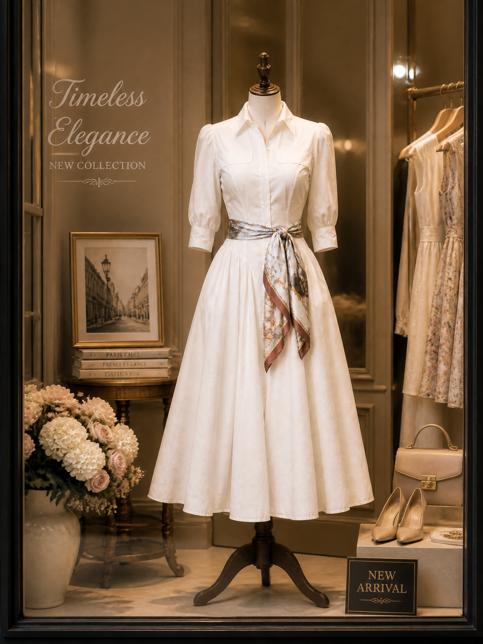 Vintage Puff-Sleeve Button-Front Cotton Midi Dress