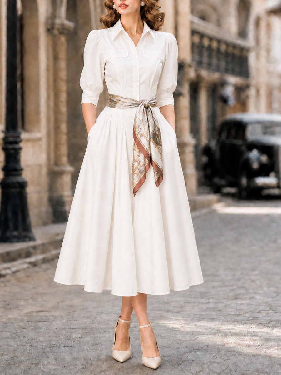 Vintage Puff-Sleeve Button-Front Cotton Midi Dress