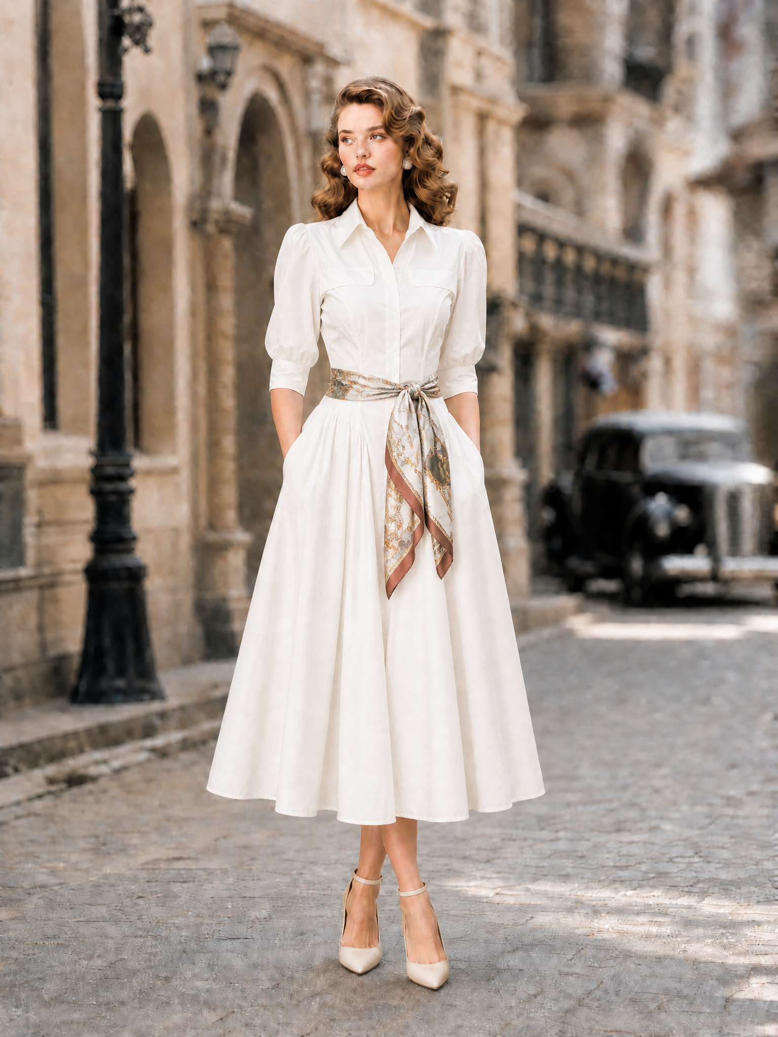 Vintage Puff-Sleeve Button-Front Cotton Midi Dress
