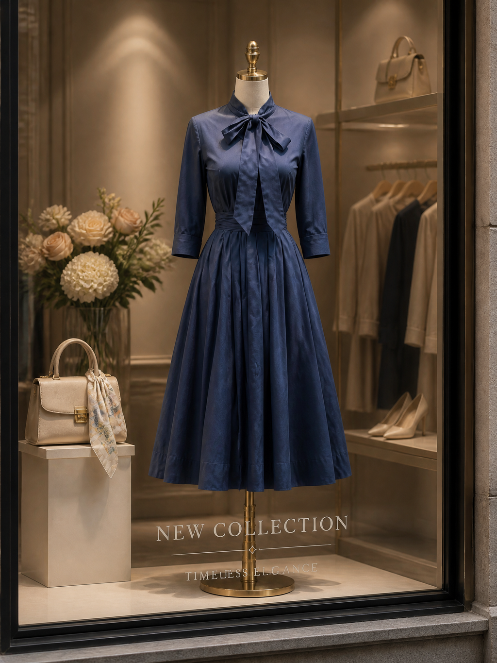 Vintage Navy Blue Bow-Tie Neck Midi Dress
