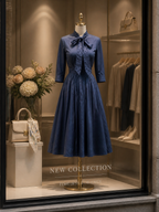 Vintage Navy Blue Bow-Tie Neck Midi Dress