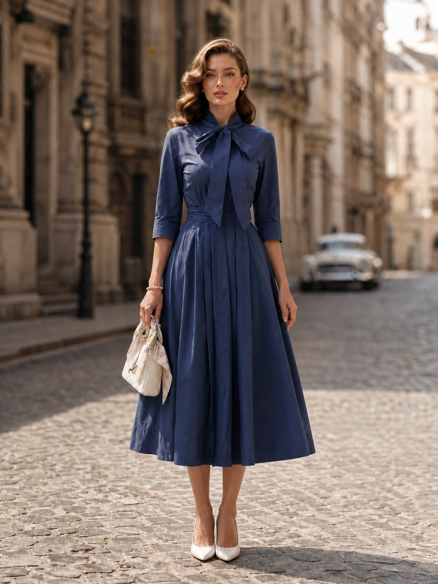 Vintage Navy Blue Bow-Tie Neck Midi Dress