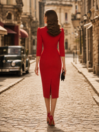Vintage Red Horsebit-Waist Bodycon Pencil Midi Dress