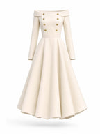 Vintage Double‑Breasted Off‑Shoulder Midi Dress
