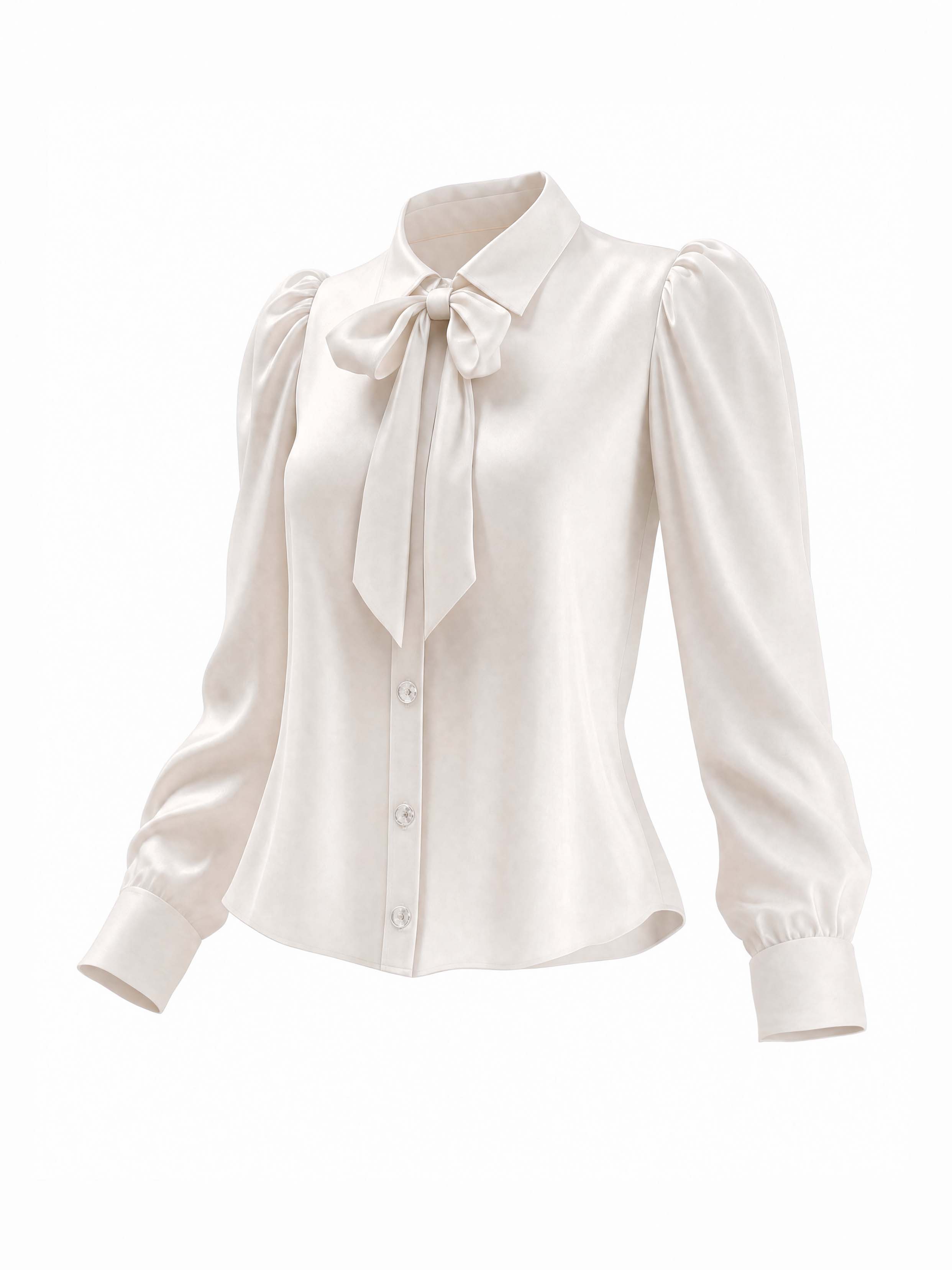 Satin Bow Tie Collar Puff Long‑Sleeve Office Blouse
